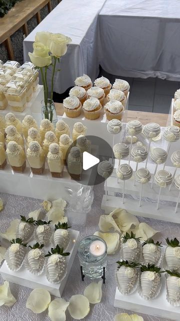 Pearl Dessert Table, Mini Dessert Table Display, Bridal Shower Treats Table, White Party Dessert Table, Desert Table Setup Ideas, White Dessert Table Ideas, Bridal Dessert Table, All White Dessert Table, Wedding Treat Table Ideas