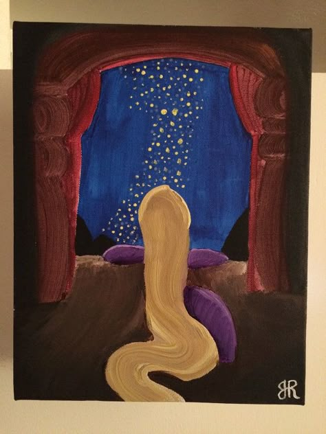 Tangled Canvas Painting Easy, Painting Of Princess, Disney Character Paintings Easy, Canvas Painting Ideas Tangled, Disney Paintings Tangled, Painting Ideas On Canvas Rapunzel, Rapunzel Lights Painting, Rapunzel Drawing Painting, Patings Art Ideas Disney