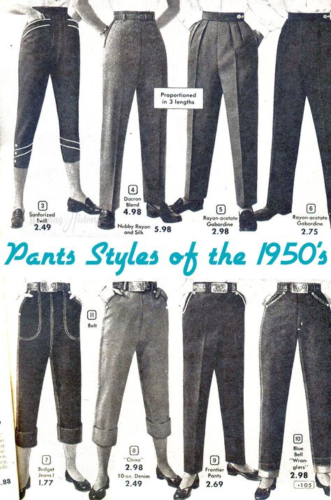 One of the most desired, and often most misunderstood, articles in the vintage wardrobe are the trousers. Today I’m going to delve a little bit into the basics of the transition of trousers f… 40s Mode, Mode Retro, 1950 Fashion, Vintage Fashion 1950s, Capri Trousers, Women Trousers, Vintage Trousers, Fashion 1950s, 1950s Style