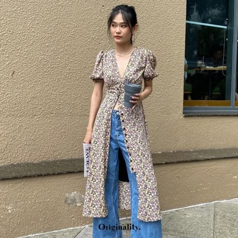 Dress Over Jeans Korean Style, Dress Over Jeans Outfit Korean, Dress And Jeans Outfit Together Y2k, Dress Over Jeans Aesthetic Korean, Dress Over Jeans Y2k, Dress Over Jeans Korean, Jeans Under Dress Outfit, Dresses Over Jeans, Dress And Jeans