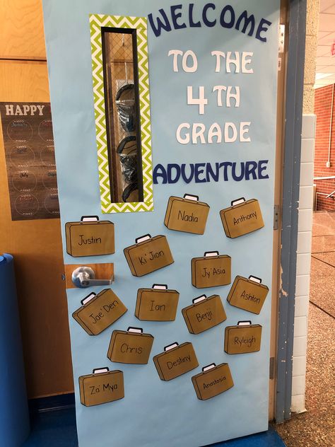 Travel Around The World Classroom Theme, Theme For Classroom Ideas, Now Boarding Classroom Door, 4th Grade Door Ideas Back To School, Travel School Bulletin Board, Travel Themed Classroom Door, Classroom Door Travel Theme, Travel Theme Door Decorations, Travel Door Decorations Classroom