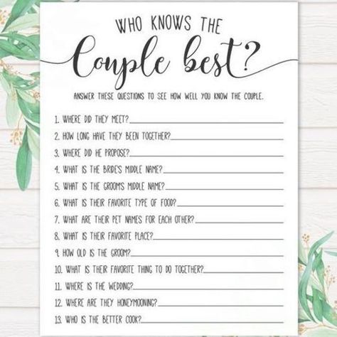 Who Knows The Couple Best, Bridal Shower Games Unique, Bridal Shower Question Game, Bridal Shower Games Prizes, Bridal Shower Questions, Bridal Shower Games Funny, Rustic Bridal Shower Games, Newlywed Game, Simple Bridal Shower