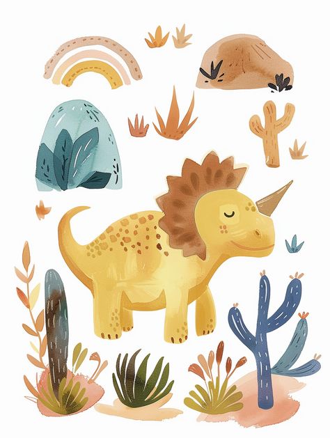 #CuteYellowDinosaur #Triceratops #HanddrawnIllustrationStyle #ScandinavianMinimalist #DesertLandscape #PastelColors #FlatWatercolorTechnique #3:4AspectRatio #TheCandie Yellow Dinosaur, Dinosaur Triceratops, Inspirational Digital Art, Background Pastel, Dinosaur Illustration, Scandinavian Minimalist, Scandinavian Minimalism, Bohemian Pattern, Baby Dinosaurs