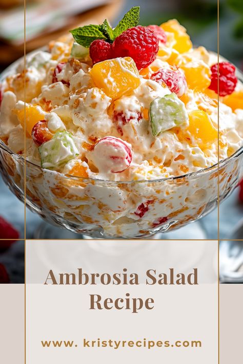 Ambrosia Salad is a no-bake masterpiece bursting with tropical flavors. Featuring a velvety cream cheese base, a medley of vibrant fruits, soft marshmallows, and shredded coconut, it’s the ideal dessert for summer gatherings, holidays, or any special occasion.  #ambrosia #salad #salad_recipe #instafood #yummy #delicious Fruit Salad Cool Whip, Cream Cheese Fruit Salad, Ambrosia Salad Recipe, Marshmallow Salad, Christmas Fruit Salad, Fruit Salad With Marshmallows, Ambrosia Recipe, Dessert For Summer, Ambrosia Fruit Salad