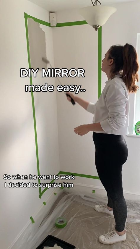 Diy Large Mirror Frame Ideas, Wall With Large Mirror, Long Mirror In Bedroom On Wall, Diy Walmart Mirror Ideas, Big Mirrors In Living Room Ideas, Diy Long Mirror Ideas, Cheap Mirror Wall, Diy Mirror Frame Ideas Bedrooms, Ikea Mirror Hack Diy