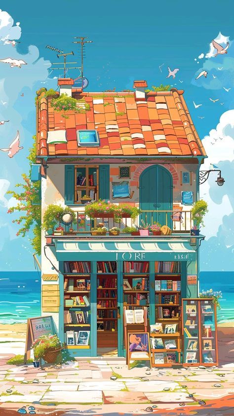 Seaside Town Illustration, Beach Drawing Aesthetic, Elemental Dnd, Beach House Drawing, Bookshop Illustration, Animated Beach, Elf Illustration, Seaside Shops, Scene Illustration