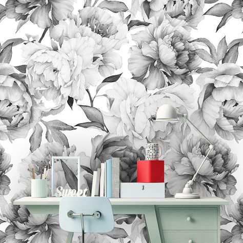 Mural Flowers, Peel N Stick Wallpaper, Foil Wall, Hotel Ideas, Roses Black, Peony Wallpaper, Watercolor Floral Pattern, Wallpaper Rolls, Wallpaper Removable