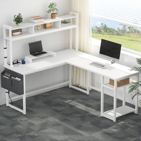 Steinber L Shaped Desk with Hutch & Monitor Stand, Home Office Desk with Power Outlet & LED Light L Table Desk, Teenage Desks, L Shaped Desk Ideas, L Shaped Desks, L Shaped Desk With Hutch, Luxury Desk, L Desk, Desk With Hutch, Pc Table