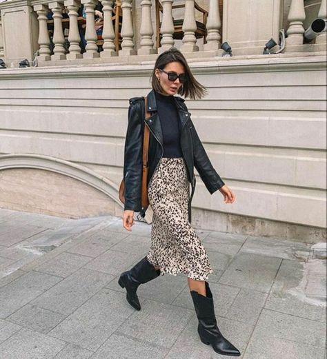 Cowboy Boot Outfits Office, Cowboy Boots Long Dress, Cowboy Boots To Work Outfit, Winter Cowboy Boots, Cowboy Boots Rock Outfit, Western Boots Women Outfits, Black Western Boots Outfit Winter, Black Leather Skirt And Cowboy Boots, Silk Skirt Cowboy Boots