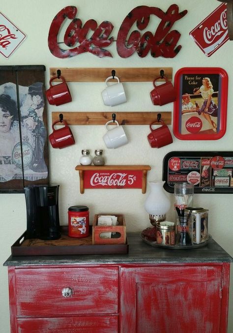 Coke Themed Kitchen, Coca Cola Kitchen Ideas, Dyi Coffee Bar, Coke Kitchen, Liquor Bouquet, Coke Vintage, Coca Cola Poster, Diner Aesthetic, Coca Cola Kitchen