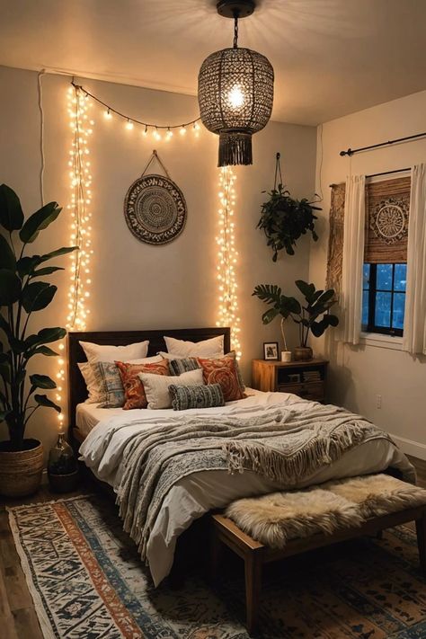 Cozy Fairy Lights, Boho Bedroom Lighting, Making Lanterns, Bohemian Modern Bedroom, Boho Style Bedroom Decor, Boho Style Bedroom, Boho Chic Bedroom, Bedroom Decor Inspiration, Fall Bedroom