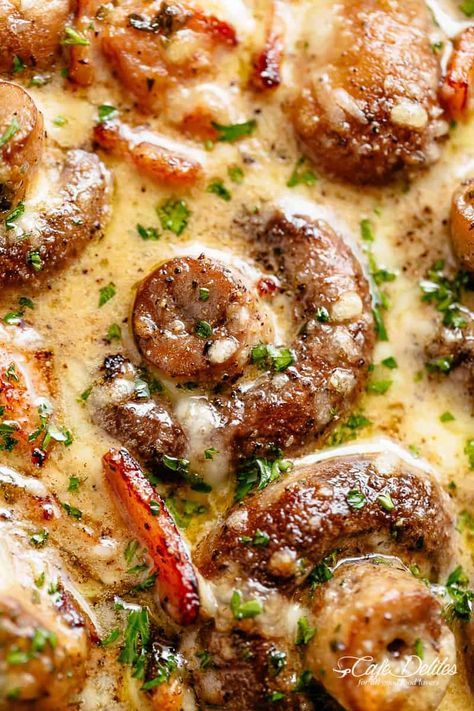 Parmesan Mushrooms, Garlic Mushrooms Recipes, Butter Mushrooms, Keto Mushrooms, Mushroom Bacon, Parmesan Cheese Sauce, Bacon Mushroom, Creamy Garlic Mushrooms, Mushroom Cream Sauces