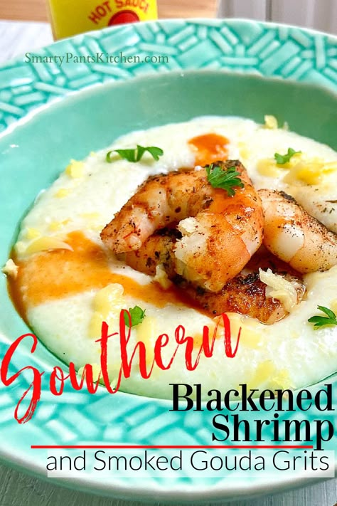 Shrimp and grits in bowl Shrimp And Smoked Gouda Grits Recipe, Shrimp And Grits With Gouda Cheese, Shrimp And Gouda Cheese Grits Recipe, Smoked Gouda Cheese Grits, Gouda Shrimp And Grits, Shrimp And Gouda Grits Recipe, Shrimp And Cheese Grits Recipe, Blackened Shrimp And Grits, Shrimp And Grits Recipe Easy