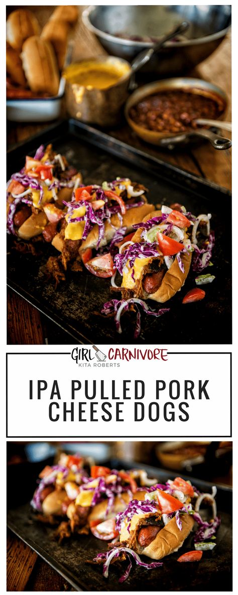 IPA Pulled Pork Cheese Dogs Easy Beer Cheese, Beer Cheese Sauce, Grilled Beef Recipes, Carnivore Recipes, Bbq Menu, Summer Eats, Cheese Dog, Easy Cheese, Hot Dog Recipes