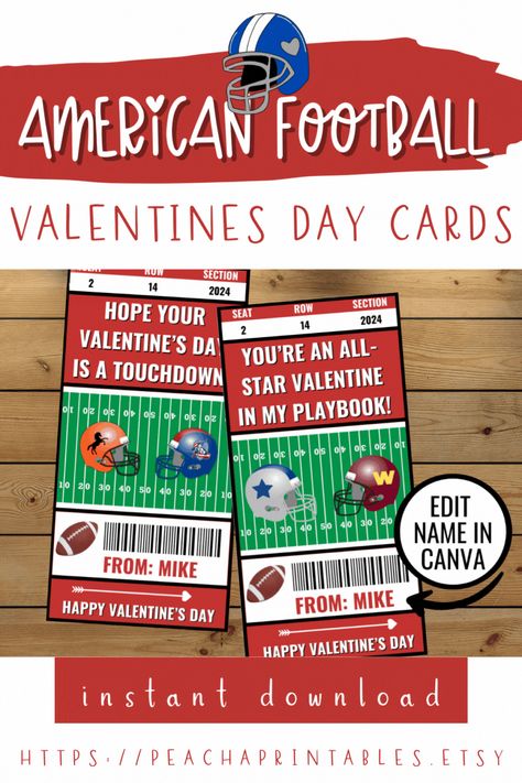 Get ready to score a touchdown with our American Football Valentine Cards! These editable, printable cards are the perfect way to show your love for football. With 8 different designs, you'll have plenty of options to choose from. And if you don't want to edit them, we've got you covered with an instant download PDF file. So go ahead, make this Valentine's Day a winning one for your sports-loving sweethearts! Football Valentine Ideas Class Valentine Exchange School Valentine Party Football Valentines Cards, Football Valentines, Topps Football Cards, Hampton Virginia, Class Valentines, Valentine Party, Valentines School, Holiday Printables, Valentine Ideas