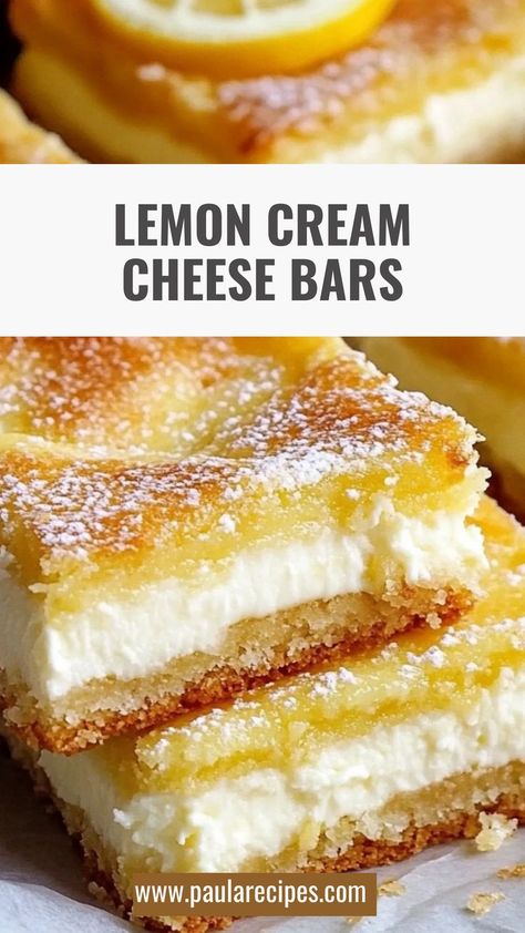 Sweet, tangy, and utterly irresistible! Zesty Lemon Cream Cheese Bars are the perfect way to satisfy your sweet tooth with a citrusy kick! 🍋😍 #CitrusCravings #LemonCreaminess #TartPerfection #BakedWithLove #RefreshingDesserts #DessertInspo #LemonDelights #TreatYourself #ZestyBites #BakingWithJoy 🍴 Pamela’s Lemon Cream Cheese Bars, Tangy Lemon Bars, Easy Lemon Cheesecake Bars, Puff Pastry Lemon Dessert, Crescent Cheesecake Bars, Quick Easy Cream Cheese Dessert, Best Lemon Bars Recipe, Desserts That Go With Italian Food, Cookie Cream Cheese Bars