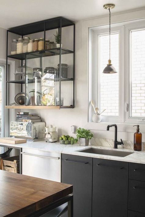 Havart designed the open shelving, which is coated with the same black finish as the cabinets. The lowest, walnut shelf matches the adjacent kitchen table. Bath Trends, Diy Kitchen Renovation, Ikea Cabinets, New Kitchen Cabinets, Kitchen Cabinet Hardware, Modern Kitchen Cabinets, Ikea Hacks, Diy Kitchen, White Kitchen