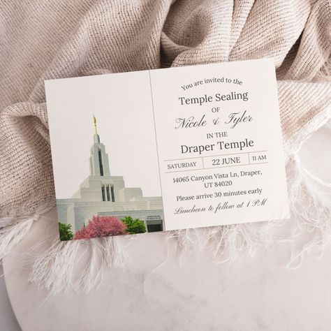 This elegant DIY LDS Sealing Ceremony template is customizable and easy to use. Simply edit in Canva (for free) using your computer, tablet or mobile device. After you’ve edited your design and downloaded it in the format you choose, you can print instantly at home or through a local or online printing company. Edit wording, font + font color, background color, images and elements as desired to match your event style. Lds Sealing Invitation, Ceremony Template, Draper Temple, Temple Wedding, Color Images, Printing Company, Color Background, Wedding Invite, Event Styling