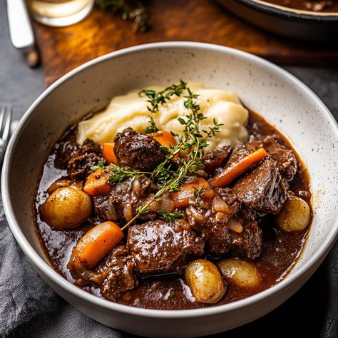 Discover the rich flavors of Beef Bourguignon, a classic French stew perfect for cozy dinners. Tender beef simmered to perfection! Beef Bourguignon Half Baked Harvest, Beef Bourguignon Nytimes, Magnolia Beef Stew, Beef With Wine Sauce, Classic Beef Bourguignon, Beef Bourguignon Dinner Party, Dinner Ideas French, Dark Academia Meals, Beef Burgonione Recipe