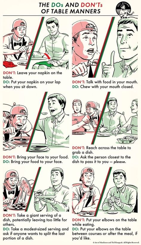 The Dos and Don'ts of Table Manners | The Art of Manliness Good Table Manners, Manners For Kids, Table Etiquette, Table Manners, Etiquette And Manners, How To Read People, Art Of Manliness, Dining Etiquette, Dos And Don'ts