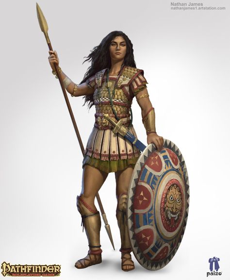 Psomeira, Nathanael James on ArtStation at https://www.artstation.com/artwork/rR015e Spear And Shield, Woman Warrior, Pathfinder Character, Greek Warrior, Female Human, Fantasy Armor, Female Character, Fantasy Warrior, Fantasy Rpg