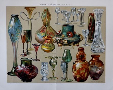 A Print Reflecting Art Glass Of The Period – An 1897 print issued by Bibliographisches Institut in Leipzig Germany | Collectors Weekly Lithography Prints, Illustration Art Nouveau, Different Kinds Of Art, Antique Glassware, Illustration Vintage, Art Antique, Industrial Art, Lithograph Print, Modern Glass