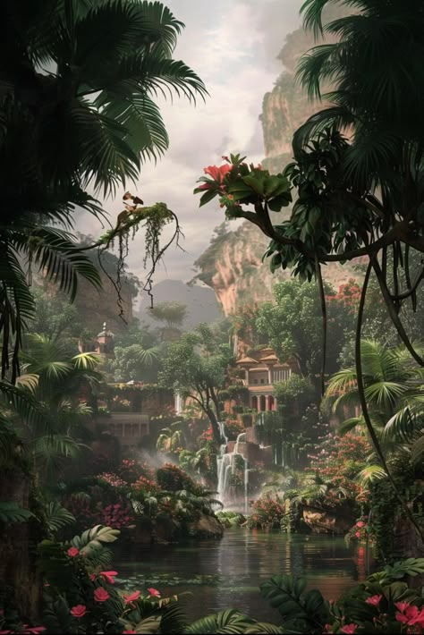 Fantasy Jungle Kingdom, Tropical Fantasy Aesthetic, Rainforest City Fantasy Art, Fantasy Jungle Aesthetic, Fantasy Tropical City, Dystopian House, Fantasy Tropical Island, Earth Kingdom Aesthetic, Tropical Castle