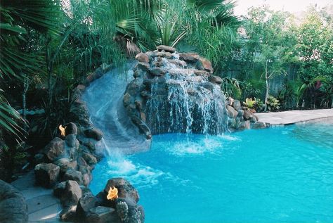 backyard Pool with water slide Insane Pools, Google Ideas, Taman Air, Diy Swimming Pool, Waterfalls Backyard, Pool Waterfall, Luxury Pools, Dream Pools, Beautiful Pools