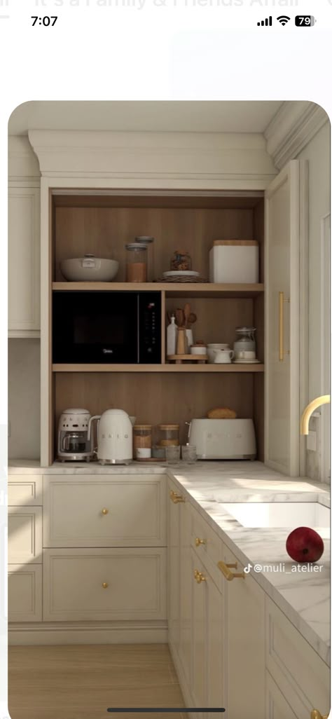 Nook With Cabinet And Shelves, Kitchen Coffee Nook Ideas, Small Classic Kitchen Ideas, Small Kitchen Utility Ideas, Romantic Kitchen Ideas, Small Classic Kitchen, Small Square Kitchen Ideas, Microwave Nook, Classic Kitchen Design Ideas