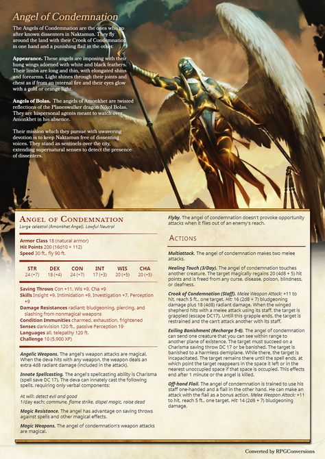 Angel of Condemnation. MtG to D&D5e homebrew conversion. If you like my content, pls support me at: https://www.patreon.com/rpgconversions D&d Gods, Dnd Angel, 5e Monsters, Homebrew Monsters, Dnd Monster, Dnd Stats, Content Video, Dungeon Master's Guide, Dnd Races