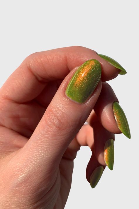 Chartreuse Nail Polish, Glitter Oval Nails, Chartreuse Nails, Green Sparkle Nails, Cosmic Disco, Gel Ideas, Nails 23, Pure Makeup, Shimmer Nail Polish