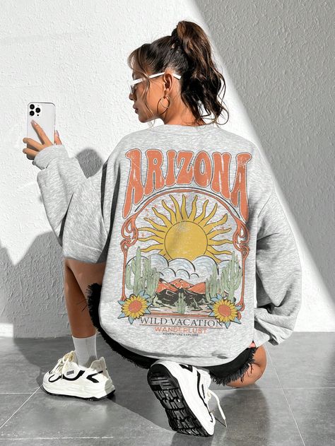 Light Grey Casual Collar Long Sleeve Knitted Fabric Floral,Letter Pullovers Embellished Slight Stretch  Women Clothing Style Roots, Vintage Cactus, Women Sweatshirts, Dropped Shoulder Sweatshirt, Round Neck Sweatshirts, Cactus Print, Oversized Pullover, Fabric Floral, Oversized Sweatshirt