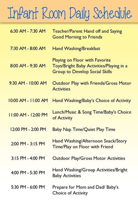 Day Care Schedule, Infant Schedule, Infant Classroom Ideas Daycares, Teaching Infants, Infant Room Daycare, Daycare Schedule, Infant Toddler Classroom, Infant Curriculum, Infant Play