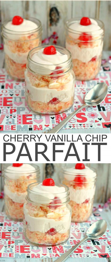 This Cherry Vanilla Chip Parfait is an easy but romantic dessert I wanted to share with you just in time for Valentine's Day. Cookie Dough Hearts, Cherry Chip Cake Mix, Mason Jar Desserts Recipes, Cherry Chip Cake, Chocolate Covered Cookie Dough, Covered Chocolate, Mason Jar Desserts, Chocolate Covered Cookies, Romantic Desserts