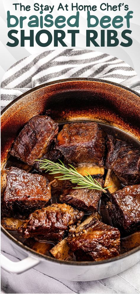 An overhead view of a large cast iron pot with braised beef short ribs in it. Braised Beef Short Ribs Recipe, Braised Beef Short Ribs, Short Ribs Slow Cooker, Beef Ribs Recipe, Beef Short Rib Recipes, Short Ribs Recipe, Braised Short Ribs, Braised Beef, Beef Short Ribs