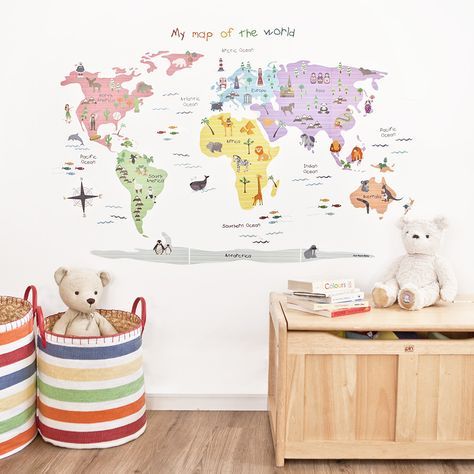 JoJo Maman Bebe Map of the World #nursery #wallart #wallsticker #travel #world #baby #home Living Room Wall Stickers, World Map Wall Decal, Map Nursery, Map Wall Decal, Room Wall Stickers, 3d Wall Stickers, Kids World Map, Diy Wall Stickers, World Map Decal