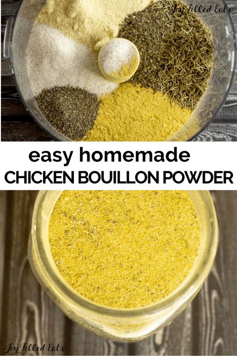 Chicken Bouillon Powder - Low Carb, Keto, Gluten-Free, THM FP - When you are in a pinch or just want a healthy chicken broth substitute this Chicken Bouillon Powder is the ideal staple to keep in the pantry! It is easy to make, keeps for months, and has more flavor than store bought stock. #lowcarb #thm #trimhealthymama #vegan #vegetarian #keto #paleo #easy Homemade Chicken Bouillon, Chicken Bouillon Recipe, Chicken Broth Substitute, Bouillon Recipe, Chicken Bouillon Powder, Homemade Dry Mixes, Homemade Spice Mix, Spice Blends Recipes, Chicken Bouillon