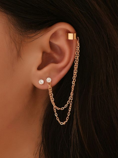 Gold Earrings With Chain, Ear Piercings With Chain, Earrings 2 Piercings, Earing With Chain, Pretty Jewellery Earrings, Ear Piercing Chain, Earrings Aesthetic Gold, Chain Earing, Chained Earrings