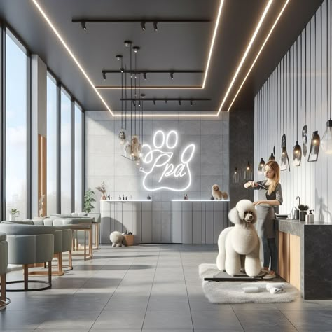 Pet Grooming Salon Ideas Design, Grooming Salon Ideas Design, Dog Grooming Salon Ideas, Dog Daycare Business, Pet Store Display, Dog Grooming Ideas, Pet Store Design, Grooming Salons, Pet Grooming Salon