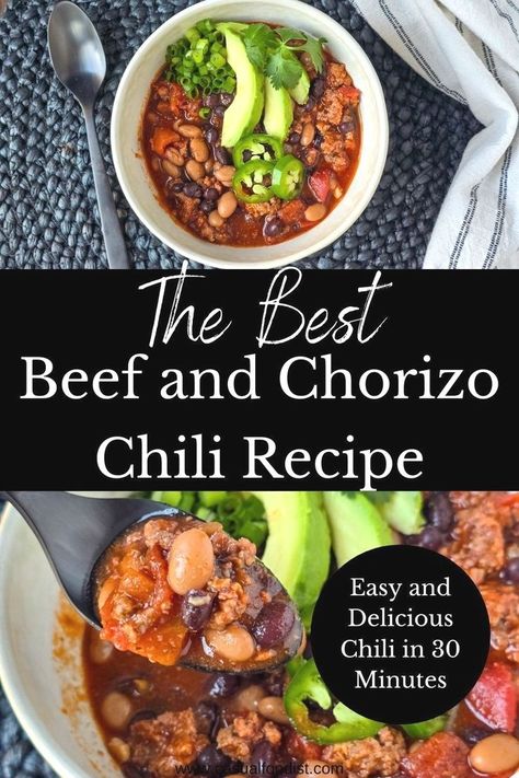 This  is the Best Beef and Chorizo Chili, a delicious one pot meal that comes together in just 30 minutes. This easy chili recipe is perfect for weeknight dinners, potlucks, game day parties and more. This easy chili recipe uses ground beef and Mexican chorizo for a big punch of flavor while black beans and pinto beans make this chili hearty and satisfying. The best beef and chorizo chili recipe. www.casualfoodist.com Chorizo Chilli Recipe, Chili Recipe With Chorizo, Chili With Sausage And Beef, Chili With Chorizo, Chile Beans, Chorizo Chili Recipe, Chorizo Chili, Homemade Chili Recipe, Mexican Chorizo