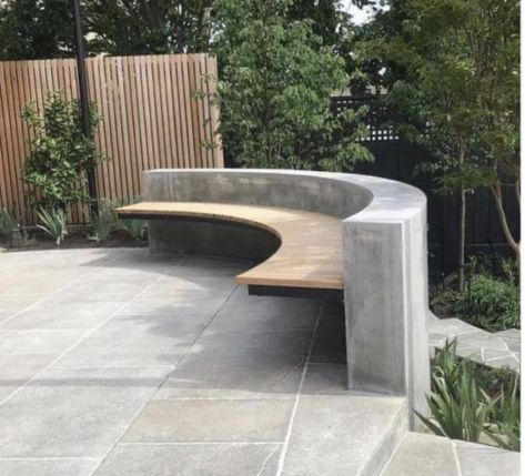 Uk Garden Ideas, Concrete Bench Outdoor, Built In Garden Seating, Concrete Seating, Hanging Bench, Austin Garden, Entrance Outdoor, Pools Design, Outdoor Fire Pit Area