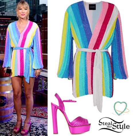 Taylor Swift: Striped Dress, Pink Sandals | Steal Her Style Taylor Clothes, Gold Turquoise Ring, Taylor Swift Costume, Eras Outfits, Robin Roberts, Swift Concert, Taylor Outfits, Taylor Swift Party, Taylor Swift Birthday