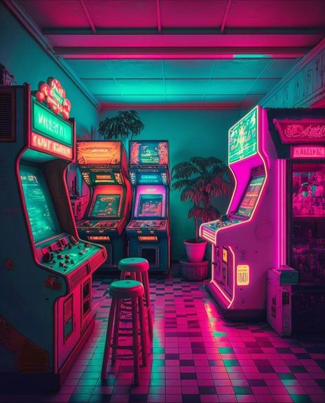 80s Game Room, Vintage Arcade Aesthetic, Retro Arcade Aesthetic, 80s Arcade Aesthetic, Aesthetic Arcade, Arcade Aesthetic, 80s Arcade, Relaxation Video, 80s Theme Party