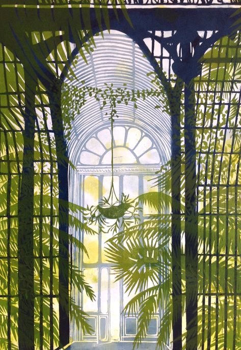 Inside The Palm House at Kew Linocut by Alison Headley Alison Headley, Palm House, Botanical Poster, Kew Gardens, Buy Original Art, Limited Edition Art Print, Limited Edition Art, Lino Print, Buy Paintings