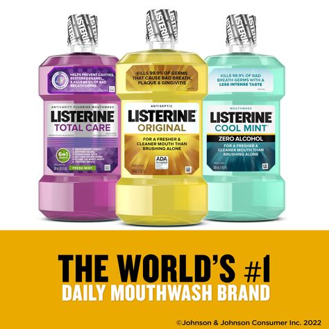 Protect your mouth from germs and get fresh breath with Listerine Original Antiseptic Mouthwash. Accepted by the American Dental Association (ADA), this bad breath mouthwash kills 99.9% of germs that cause bad breath, plaque, and gingivitis for a fresher and cleaner mouth than brushing alone. Clinically shown to reduce 52 percent more plaque and 21 percent more gingivitis than brushing and flossing alone, this refreshing germ killing oral rinse provides a deep clean that cares for your whole mou Oral Hygiene Routine, Antiseptic Mouthwash, American Dental Association, How To Prevent Cavities, Oral Care Routine, Hygiene Routine, Personal Care Products, Deep Clean, Mouthwash