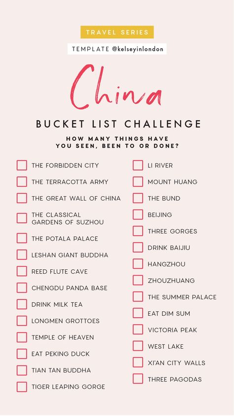 China bucket list challenge Bucket List Challenge, Travel Report, List Challenges, Travel Bucket Lists, The Bucket List, Travel Checklist, Story Templates, Bucket List Destinations, China Travel