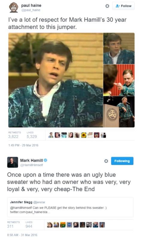 Mark Hamill's 30 year attachment to his jumper :) Darth Sidious, Brooklyn 99, Stars Wars, Original Trilogy, Mark Hamill, Star Wars Fandom, Star Wars Humor, Star Wars Memes, Love Stars