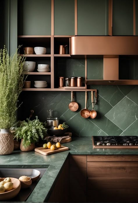 Teal and Copper Kitchen: A Perfect Combination for a Modern Look - Kitchen Informant Kitchen Two Color Cabinets, Modern Teal Kitchen, Copper Green Kitchen, Copper And Green Color Palette, Copper Black Kitchen, Copper And Teal Kitchen, Green And Gold Interior Design, Copper Design Interior, Copper And Green Kitchen