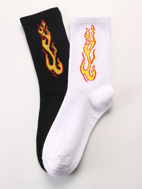 Men Flame Print Socks 2pairs -SheIn(Sheinside) Men's Shoes Accessories, Sock Outfits, Sock Game, Crazy Socks, Cute Socks, Designer Socks, Cool Socks, Mens Socks, Mode Vintage