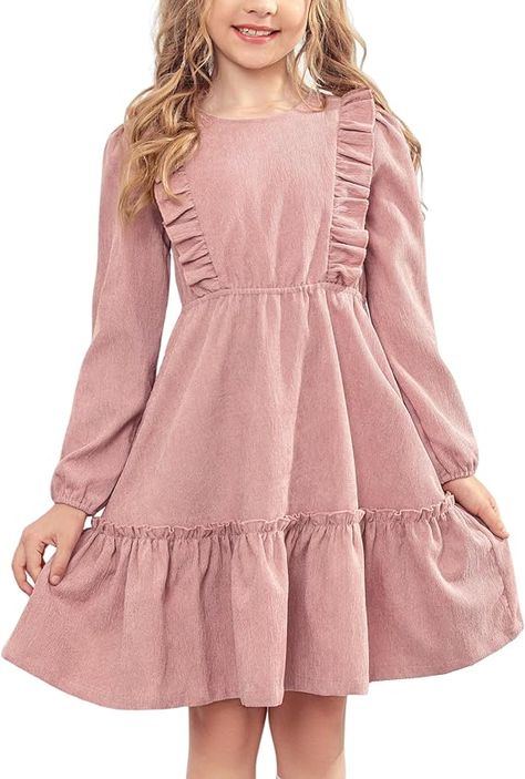 Amazon.com: Arshiner Girl's Vintage A-Line Ruffle Swing Party Solid Color Dress with Pockets for 7-8 Years: Clothing, Shoes & Jewelry Fall Dresses For Girls Kids, Girls Long Sleeve Dress Pattern, Long Sleeve Dress Pattern, Simple Long Sleeve Dress, Trendy Date Night Outfit, Girls Fall Dresses, Date Night Outfit Ideas, Night Outfit Ideas, Girls Ruffle Dress